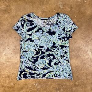 Lilly Pulitzer Etta V-Neck Top Women’s M Navy Blue Floral Paisley Tee Stretch